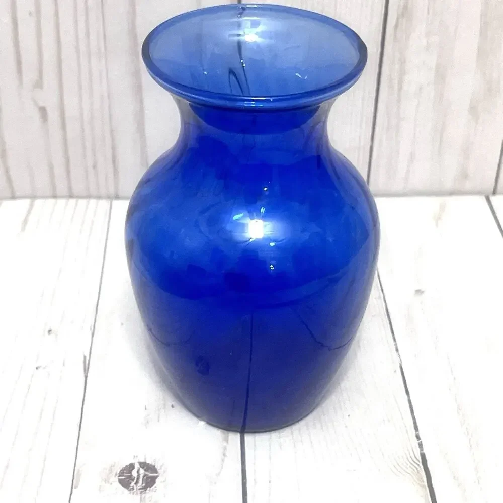 Cobalt Blue Glass Vase Optical Swirl Ribbed Small Vintage Style Decor